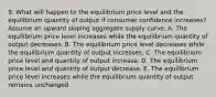 9. What will happen to the equilibrium price level and the equilibrium quantity of output if consumer confidence increases? Assume an upward sloping aggregate supply curve. A. The equilibrium price level increases while the equilibrium quantity of output decreases. B. The equilibrium price level decreases while the equilibrium quantity of output increases. C. The equilibrium price level and quantity of output increase. D. The equilibrium price level and quantity of output decrease. E. The equilibrium price level increases while the equilibrium quantity of output remains unchanged.