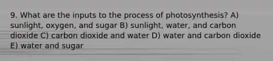 9. What are the inputs to the process of photosynthesis? A) sunlight, oxygen, and sugar B) sunlight, water, and carbon dioxide C) carbon dioxide and water D) water and carbon dioxide E) water and sugar