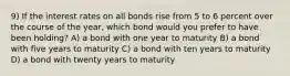 9) If the interest rates on all bonds rise from 5 to 6 percent over the course of the year, which bond would you prefer to have been holding? A) a bond with one year to maturity B) a bond with five years to maturity C) a bond with ten years to maturity D) a bond with twenty years to maturity