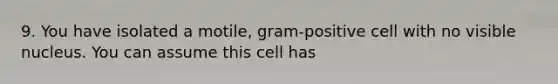 9. You have isolated a motile, gram-positive cell with no visible nucleus. You can assume this cell has