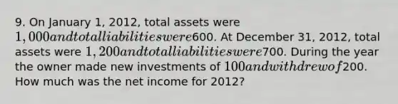 9. On January 1, 2012, total assets were 1,000 and total liabilities were600. At December 31, 2012, total assets were 1,200 and total liabilities were700. During the year the owner made new investments of 100 and withdrew of200. How much was the net income for 2012?