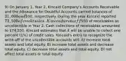 9) On January 1, Year 2, Kincaid Company's Accounts Receivable and the Allowance for Doubtful Accounts carried balances of 31,000 and500, respectively. During the year Kincaid reported 72,500 of credit sales. Kincaid wrote off550 of receivables as uncollectible in Year 2. Cash collections of receivables amounted to 74,550. Kincaid estimates that it will be unable to collect one percent (1%) of credit sales. Kincaid's entry to recognize the write-off of the uncollectible accounts will: A) increase total assets and total equity. B) increase total assets and decrease total equity. C) decrease total assets and total equity. D) not affect total assets or total equity.