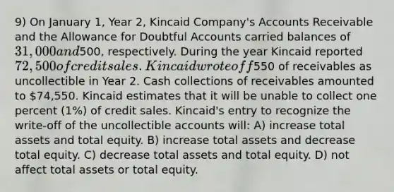 9) On January 1, Year 2, Kincaid Company's Accounts Receivable and the Allowance for Doubtful Accounts carried balances of 31,000 and500, respectively. During the year Kincaid reported 72,500 of credit sales. Kincaid wrote off550 of receivables as uncollectible in Year 2. Cash collections of receivables amounted to 74,550. Kincaid estimates that it will be unable to collect one percent (1%) of credit sales. Kincaid's entry to recognize the write-off of the uncollectible accounts will: A) increase total assets and total equity. B) increase total assets and decrease total equity. C) decrease total assets and total equity. D) not affect total assets or total equity.