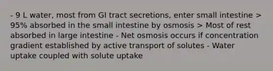 - 9 L water, most from GI tract secretions, enter small intestine > 95% absorbed in the small intestine by osmosis > Most of rest absorbed in large intestine - Net osmosis occurs if concentration gradient established by active transport of solutes - Water uptake coupled with solute uptake