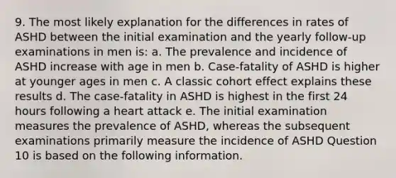 9. The most likely explanation for the differences in rates of ASHD between the initial examination and the yearly follow-up examinations in men is: a. The prevalence and incidence of ASHD increase with age in men b. Case-fatality of ASHD is higher at younger ages in men c. A classic cohort effect explains these results d. The case-fatality in ASHD is highest in the first 24 hours following a heart attack e. The initial examination measures the prevalence of ASHD, whereas the subsequent examinations primarily measure the incidence of ASHD Question 10 is based on the following information.