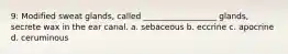 9: Modified sweat glands, called __________________ glands, secrete wax in the ear canal. a. sebaceous b. eccrine c. apocrine d. ceruminous