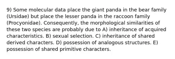 9) Some molecular data place the giant panda in the bear family (Ursidae) but place the lesser panda in the raccoon family (Procyonidae). Consequently, the morphological similarities of these two species are probably due to A) inheritance of acquired characteristics. B) sexual selection. C) inheritance of shared derived characters. D) possession of analogous structures. E) possession of shared primitive characters.