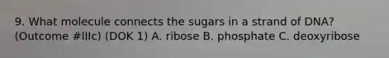 9. What molecule connects the sugars in a strand of DNA? (Outcome #IIIc) (DOK 1) A. ribose B. phosphate C. deoxyribose