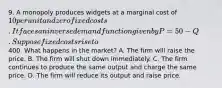 9. A monopoly produces widgets at a marginal cost of 10 per unit and zero fixed costs. It faces an inverse demand function given by P = 50 - Q. Suppose fixed costs rise to400. What happens in the market? A. The firm will raise the price. B. The firm will shut down immediately. C. The firm continues to produce the same output and charge the same price. D. The firm will reduce its output and raise price.