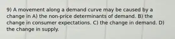 9) A movement along a demand curve may be caused by a change in A) the non-price determinants of demand. B) the change in consumer expectations. C) the change in demand. D) the change in supply.