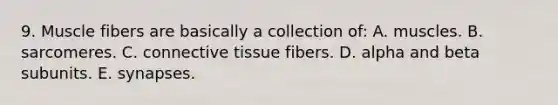 9. Muscle fibers are basically a collection of: A. muscles. B. sarcomeres. C. <a href='https://www.questionai.com/knowledge/kYDr0DHyc8-connective-tissue' class='anchor-knowledge'>connective tissue</a> fibers. D. alpha and beta subunits. E. synapses.