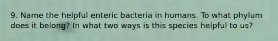 9. Name the helpful enteric bacteria in humans. To what phylum does it belong? In what two ways is this species helpful to us?