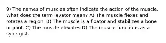 9) The names of muscles often indicate the action of the muscle. What does the term levator mean? A) The muscle flexes and rotates a region. B) The muscle is a fixator and stabilizes a bone or joint. C) The muscle elevates D) The muscle functions as a synergist.