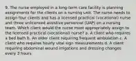 9. The nurse employed in a long-term care facility is planning assignments for the clients on a nursing unit. The nurse needs to assign four clients and has a licensed practical (vocational) nurse and three unlicensed assistive personnel (UAP) on a nursing team. Which client would the nurse most appropriately assign to the licensed practical (vocational) nurse? a. A client who requires a bed bath b. An older client requiring frequent ambulation c. A client who requires hourly vital sign measurements d. A client requiring abdominal wound irrigations and dressing changes every 3 hours