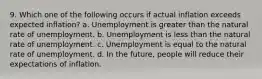 9. Which one of the following occurs if actual inflation exceeds expected inflation? a. Unemployment is greater than the natural rate of unemployment. b. Unemployment is less than the natural rate of unemployment. c. Unemployment is equal to the natural rate of unemployment. d. In the future, people will reduce their expectations of inflation.