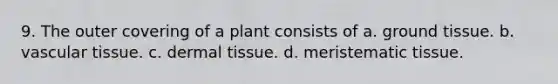 9. The outer covering of a plant consists of a. ground tissue. b. vascular tissue. c. dermal tissue. d. meristematic tissue.