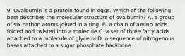 9. Ovalbumin is a protein found in eggs. Which of the following best describes the molecular structure of ovalbumin? A. a group of six carbon atoms joined in a ring. B. a chain of amino acids folded and twisted into a molecule C. a set of three fatty acids attached to a molecule of glycerol D. a sequence of nitrogenous bases attached to a sugar phosphate backbone