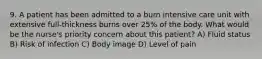 9. A patient has been admitted to a burn intensive care unit with extensive full-thickness burns over 25% of the body. What would be the nurse's priority concern about this patient? A) Fluid status B) Risk of infection C) Body image D) Level of pain