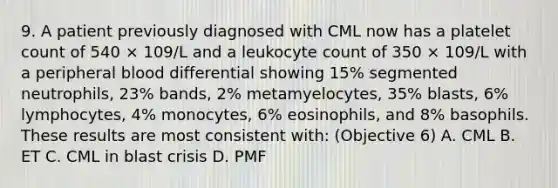 9. A patient previously diagnosed with CML now has a platelet count of 540 × 109/L and a leukocyte count of 350 × 109/L with a peripheral blood differential showing 15% segmented neutrophils, 23% bands, 2% metamyelocytes, 35% blasts, 6% lymphocytes, 4% monocytes, 6% eosinophils, and 8% basophils. These results are most consistent with: (Objective 6) A. CML B. ET C. CML in blast crisis D. PMF