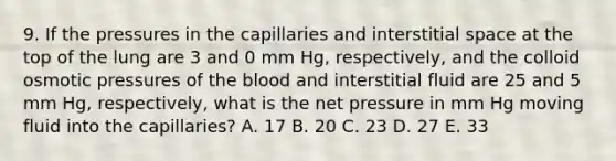 9. If the pressures in the capillaries and interstitial space at the top of the lung are 3 and 0 mm Hg, respectively, and the colloid osmotic pressures of the blood and interstitial fluid are 25 and 5 mm Hg, respectively, what is the net pressure in mm Hg moving fluid into the capillaries? A. 17 B. 20 C. 23 D. 27 E. 33