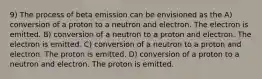 9) The process of beta emission can be envisioned as the A) conversion of a proton to a neutron and electron. The electron is emitted. B) conversion of a neutron to a proton and electron. The electron is emitted. C) conversion of a neutron to a proton and electron. The proton is emitted. D) conversion of a proton to a neutron and electron. The proton is emitted.