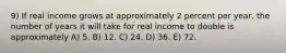 9) If real income grows at approximately 2 percent per year, the number of years it will take for real income to double is approximately A) 5. B) 12. C) 24. D) 36. E) 72.