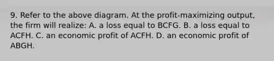 9. Refer to the above diagram. At the profit-maximizing output, the firm will realize: A. a loss equal to BCFG. B. a loss equal to ACFH. C. an economic profit of ACFH. D. an economic profit of ABGH.