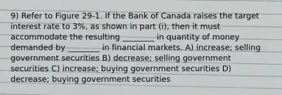 9) Refer to Figure 29-1. If the Bank of Canada raises the target interest rate to 3%, as shown in part (i), then it must accommodate the resulting ________ in quantity of money demanded by ________ in financial markets. A) increase; selling government securities B) decrease; selling government securities C) increase; buying government securities D) decrease; buying government securities