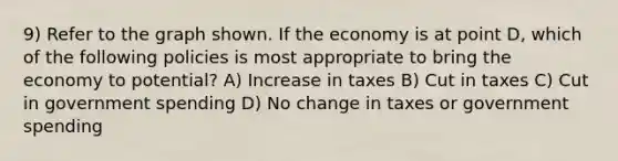 9) Refer to the graph shown. If the economy is at point D, which of the following policies is most appropriate to bring the economy to potential? A) Increase in taxes B) Cut in taxes C) Cut in government spending D) No change in taxes or government spending