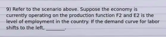 9) Refer to the scenario above. Suppose the economy is currently operating on the production function F2 and E2 is the level of employment in the country. If the demand curve for labor shifts to the left, ________.