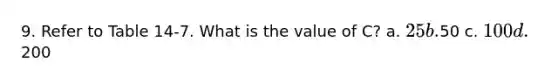 9. Refer to Table 14-7. What is the value of C? a. 25 b.50 c. 100 d.200