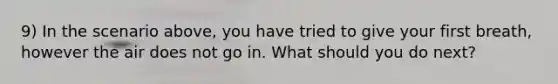 9) In the scenario above, you have tried to give your first breath, however the air does not go in. What should you do next?