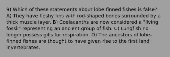 9) Which of these statements about lobe-finned fishes is false? A) They have fleshy fins with rod-shaped bones surrounded by a thick muscle layer. B) Coelacanths are now considered a "living fossil" representing an ancient group of fish. C) Lungfish no longer possess gills for respiration. D) The ancestors of lobe-finned fishes are thought to have given rise to the first land invertebrates.