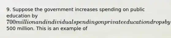 9. Suppose the government increases spending on public education by 700 million and individual spending on private education drops by500 million. This is an example of