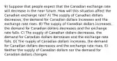 9) Suppose that people expect that the Canadian exchange rate will decrease in the near future. How will this situation affect the Canadian exchange rate? A) The supply of Canadian dollars decreases, the demand for Canadian dollars increases and the exchange rate rises. B) The supply of Canadian dollars increases, the demand for Canadian dollars decreases and the exchange rate falls. C) The supply of Canadian dollars decreases, the demand for Canadian dollars decreases and the exchange rate falls. D) The supply of Canadian dollars increases, the demand for Canadian dollars decreases and the exchange rate rises. E) Neither the supply of Canadian dollars nor the demand for Canadian dollars changes.