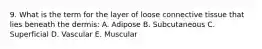 9. What is the term for the layer of loose connective tissue that lies beneath the dermis: A. Adipose B. Subcutaneous C. Superficial D. Vascular E. Muscular