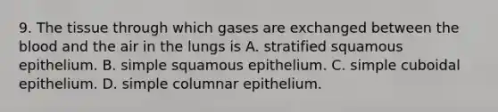 9. The tissue through which gases are exchanged between the blood and the air in the lungs is A. stratified squamous epithelium. B. simple squamous epithelium. C. simple cuboidal epithelium. D. simple columnar epithelium.