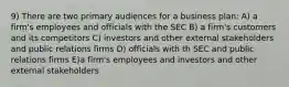 9) There are two primary audiences for a business plan: A) a firm's employees and officials with the SEC B) a firm's customers and its competitors C) investors and other external stakeholders and public relations firms D) officials with th SEC and public relations firms E)a firm's employees and investors and other external stakeholders