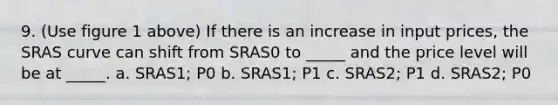 9. (Use figure 1 above) If there is an increase in input prices, the SRAS curve can shift from SRAS0 to _____ and the price level will be at _____. a. SRAS1; P0 b. SRAS1; P1 c. SRAS2; P1 d. SRAS2; P0