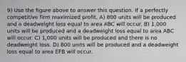 9) Use the figure above to answer this question. If a perfectly competitive firm maximized profit, A) 800 units will be produced and a deadweight loss equal to area ABC will occur. B) 1,000 units will be produced and a deadweight loss equal to area ABC will occur. C) 1,000 units will be produced and there is no deadweight loss. D) 800 units will be produced and a deadweight loss equal to area EFB will occur.