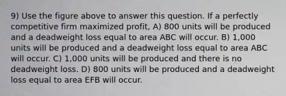 9) Use the figure above to answer this question. If a perfectly competitive firm maximized profit, A) 800 units will be produced and a deadweight loss equal to area ABC will occur. B) 1,000 units will be produced and a deadweight loss equal to area ABC will occur. C) 1,000 units will be produced and there is no deadweight loss. D) 800 units will be produced and a deadweight loss equal to area EFB will occur.