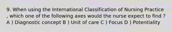 9. When using the International Classification of Nursing Practice , which one of the following axes would the nurse expect to find ? A ) Diagnostic concept B ) Unit of care C ) Focus D ) Potentiality