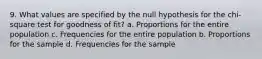 9. What values are specified by the null hypothesis for the chi-square test for goodness of fit? a. Proportions for the entire population c. Frequencies for the entire population b. Proportions for the sample d. Frequencies for the sample