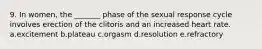 9. In women, the _______ phase of the sexual response cycle involves erection of the clitoris and an increased heart rate. a.excitement b.plateau c.orgasm d.resolution e.refractory
