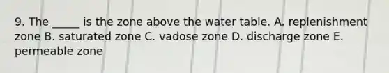 9. The _____ is the zone above the water table. A. replenishment zone B. saturated zone C. vadose zone D. discharge zone E. permeable zone