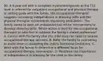 90. A 4-year-old with a complete myelomeningocele at the T12 level is referred for outpatient occupational and physical therapy. In setting goals with the family, the occupational therapist suggests increasing independence in dressing skills and the physical therapist recommends improving ambulation. The family wants to work on ambulation but refuse interventions to develop dressing skills. Which action is best for the occupational therapist to take first to address the family's stated preference? A. Concur with the family that the child does not need to receive occupational therapy services. B. Refer the family to counseling to assist them in accepting the child's functional limitations. C. Work with the family to determine a different focus for occupational therapy intervention. D. Reinforce the importance of independence in dressing for the child to the family.