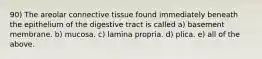 90) The areolar connective tissue found immediately beneath the epithelium of the digestive tract is called a) basement membrane. b) mucosa. c) lamina propria. d) plica. e) all of the above.