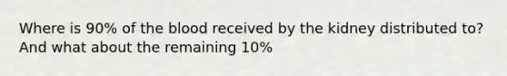 Where is 90% of the blood received by the kidney distributed to? And what about the remaining 10%