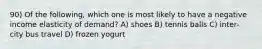 90) Of the following, which one is most likely to have a negative income elasticity of demand? A) shoes B) tennis balls C) inter-city bus travel D) frozen yogurt