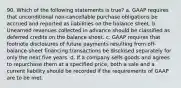 90. Which of the following statements is true? a. GAAP requires that unconditional non-cancellable purchase obligations be accrued and reported as liabilities on the balance sheet. b. Unearned revenues collected in advance should be classified as deferred credits on the balance sheet. c. GAAP requires that footnote disclosures of future payments resulting from off-balance-sheet financing transactions be disclosed separately for only the next five years. d. If a company sells goods and agrees to repurchase them at a specified price, both a sale and a current liability should be recorded if the requirements of GAAP are to be met.